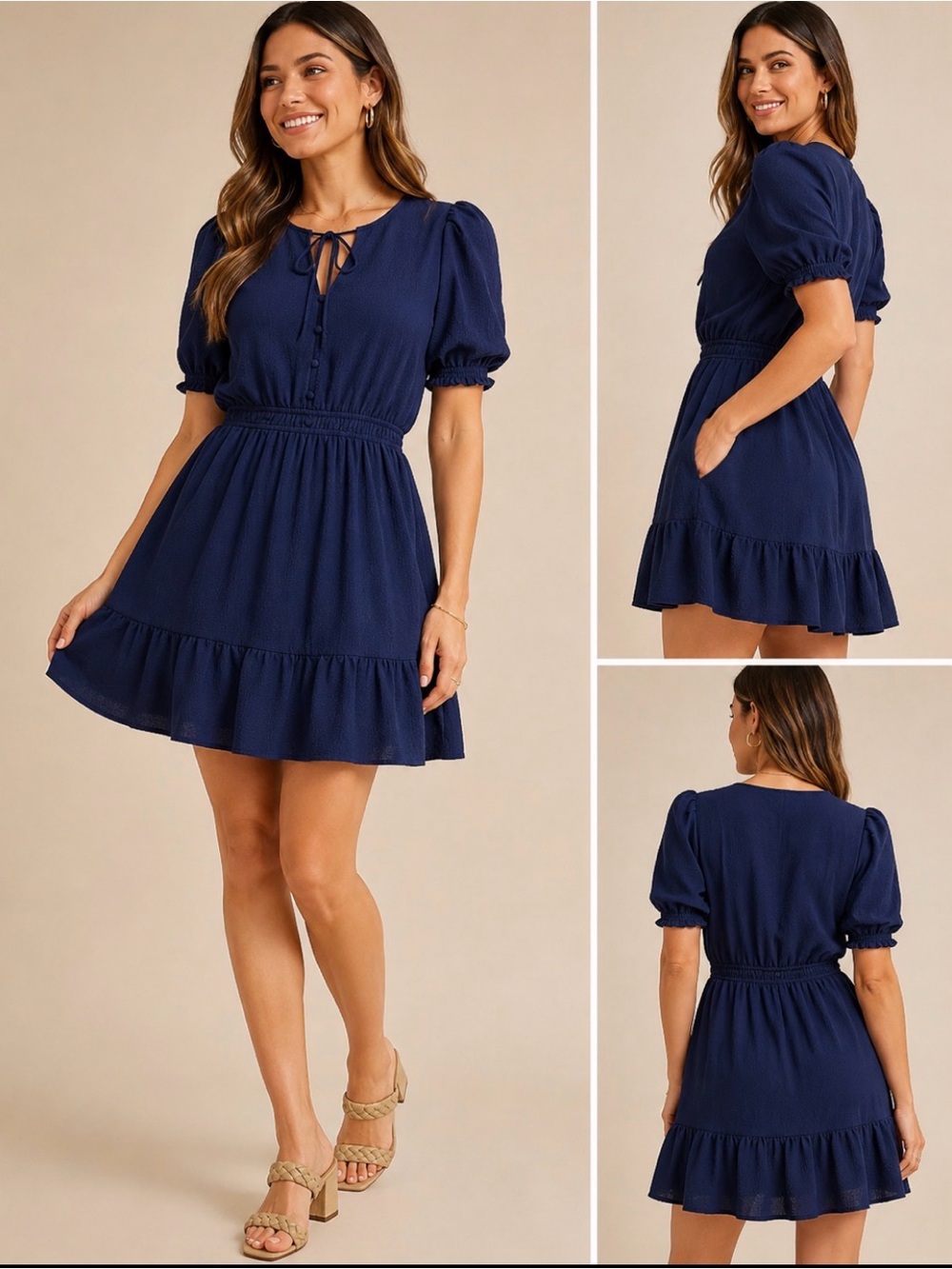 Draper James RSVP  Navy Puff-Sleeve Tie-Neck Mini Dress